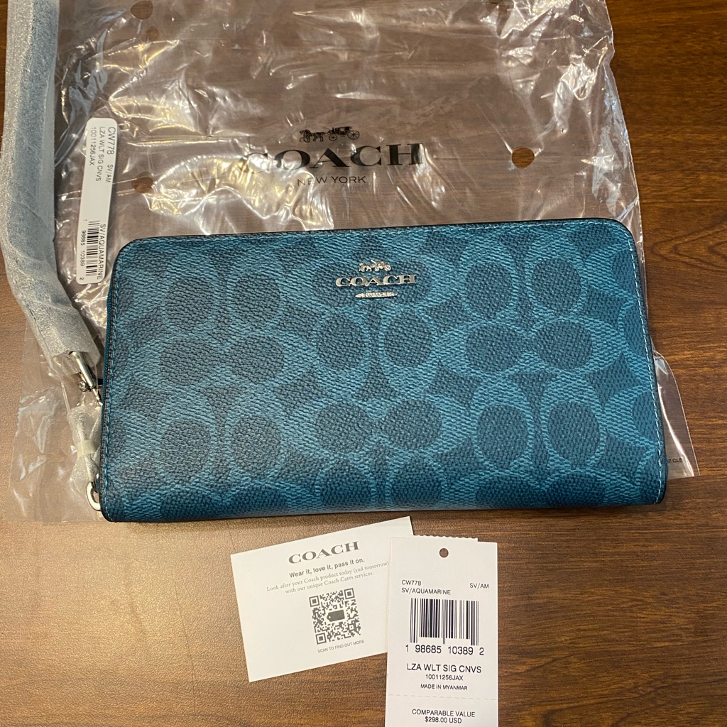 Coach Long Wallet Cw778 19cm Coated Canvas Leather Aquamarine Signature